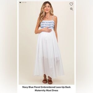 Navy Blue Floral Embroidered Lace-Up Back Maternity Maxi Dress